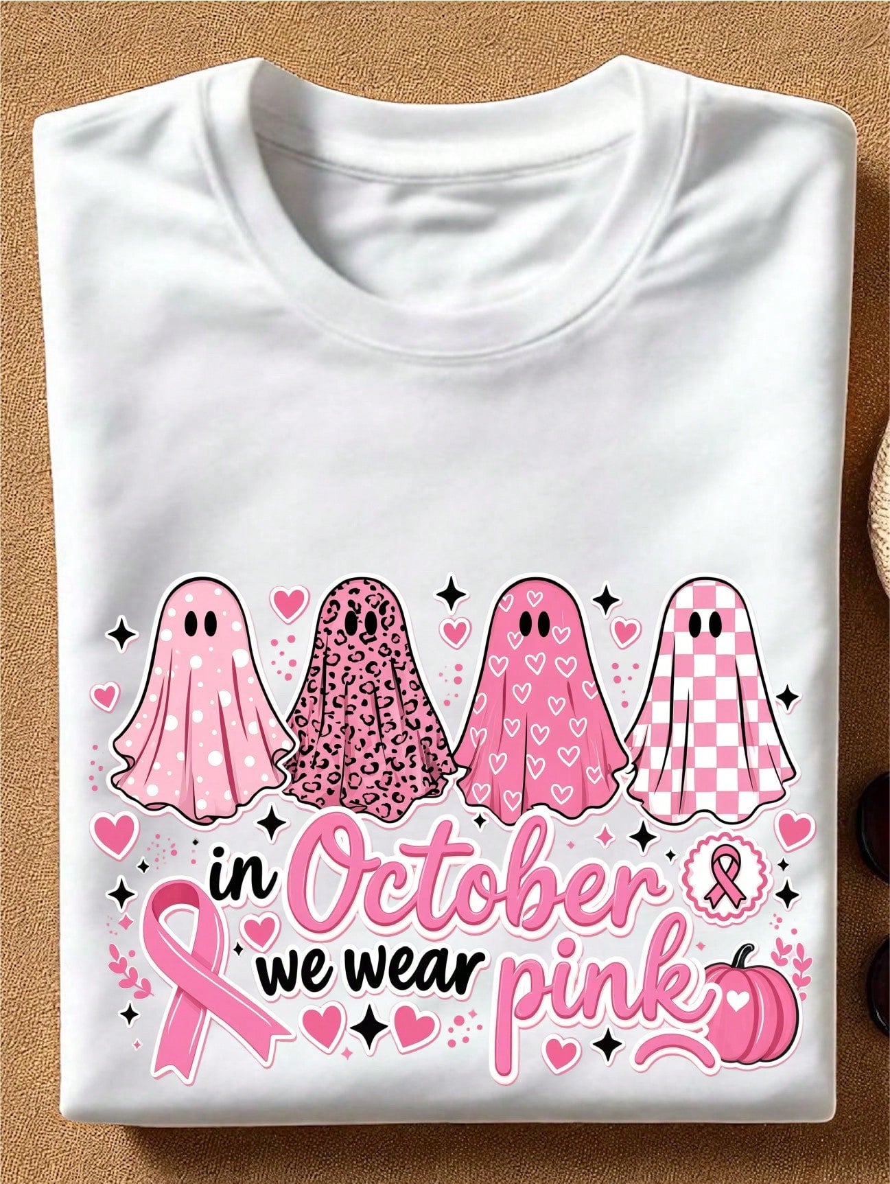 In October We Wear Pink Shirt, Pink Ghost T-Shirt, Breast Cancer Awareness Month Tee, Pink Ribbon Gift, Breast Cancer Support Short Sleeves.