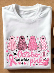 In October We Wear Pink Shirt, Pink Ghost T-Shirt, Breast Cancer Awareness Month Tee, Pink Ribbon Gift, Breast Cancer Support Short Sleeves.