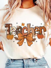 Fall Teacher Graphic T‑Shirt for Women, Leopard Pumpkin Bow Autumn Casual Short Sleeve Teacher Gift Tee