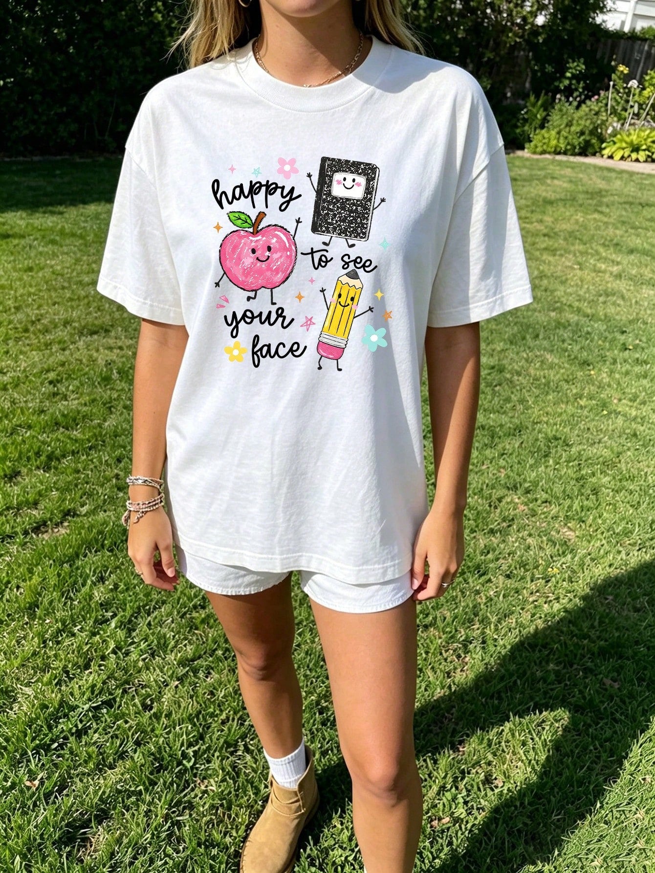 Happy To See Your Face Teacher T Shirt Women Cute Apple Pencil Graphic Tee Vintage Back To School Summer Top