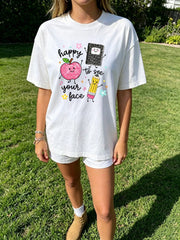 Happy To See Your Face Teacher T Shirt Women Cute Apple Pencil Graphic Tee Vintage Back To School Summer Top
