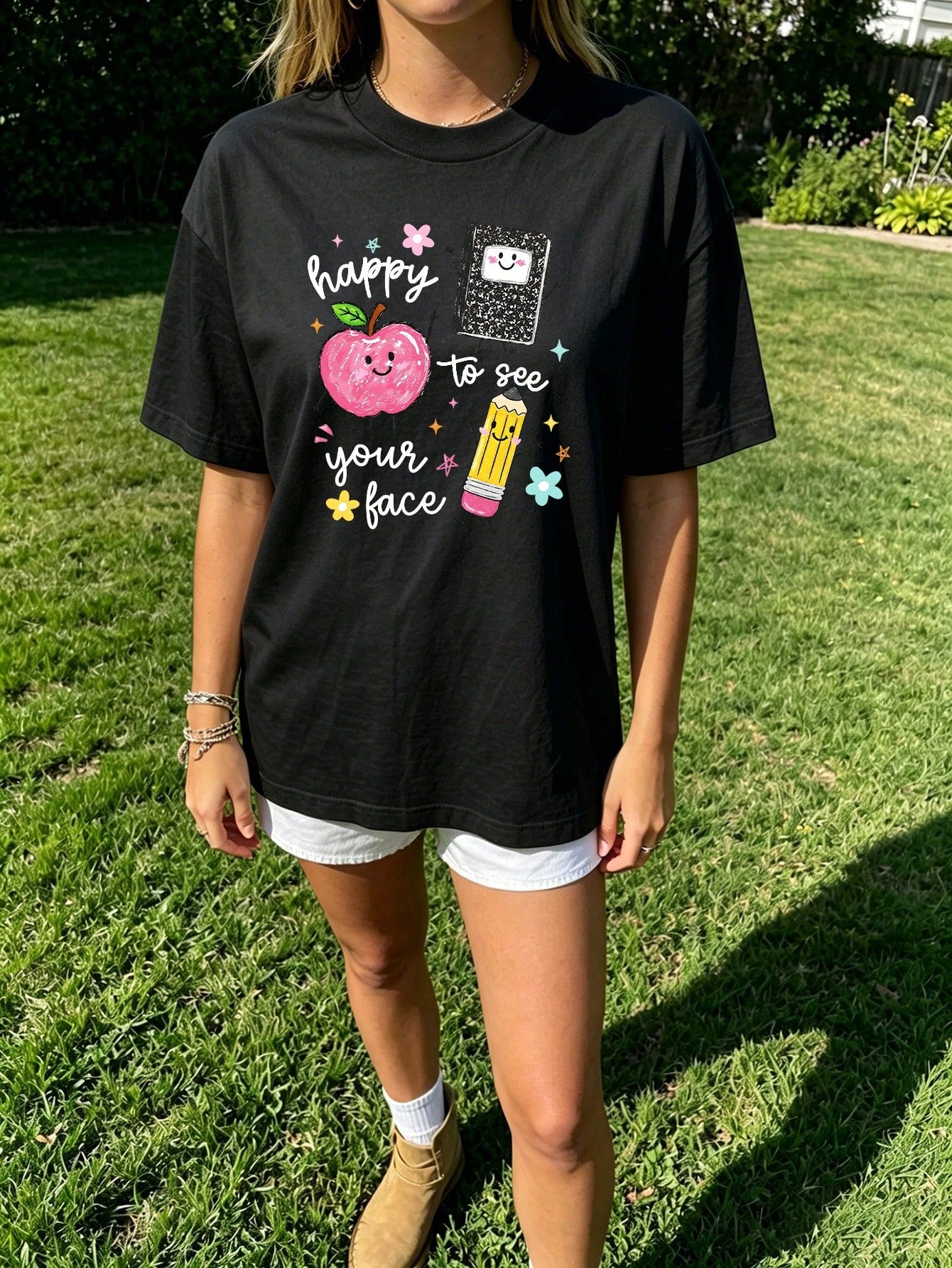 Happy To See Your Face Teacher T Shirt Women Cute Apple Pencil Graphic Tee Vintage Back To School Summer Top