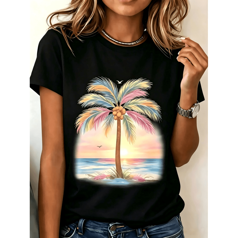 Women's Casual Round Neck Short Sleeve T-Shirt With Tropical Palm Tree Sunset Print Perfect For Summer Beach Outfits