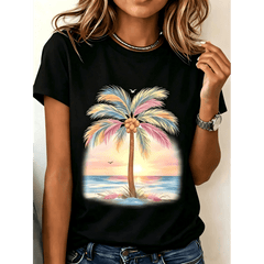 Women's Casual Round Neck Short Sleeve T-Shirt With Tropical Palm Tree Sunset Print Perfect For Summer Beach Outfits