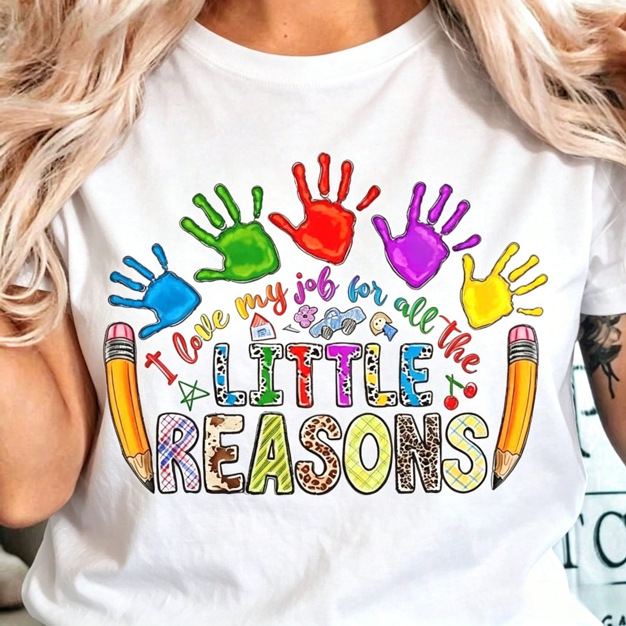 Women Teacher T-Shirt Soft Everyday Educator Top With Colorful Handprints I Love All The Little Reasons I Work Slogan Black Shirt