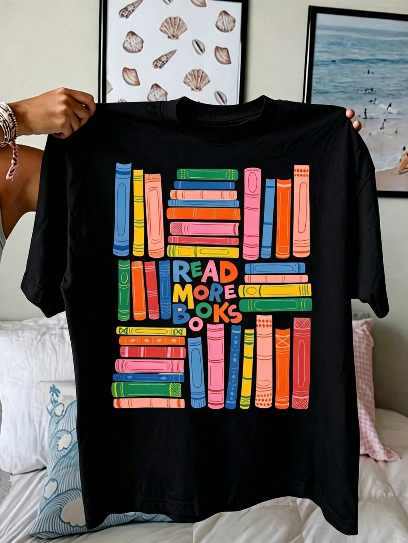 Book Lover T Shirt Women Colorful Stacked Books Graphic Tee Bookish Gift Top Cute Librarian Bookworm Tshirt