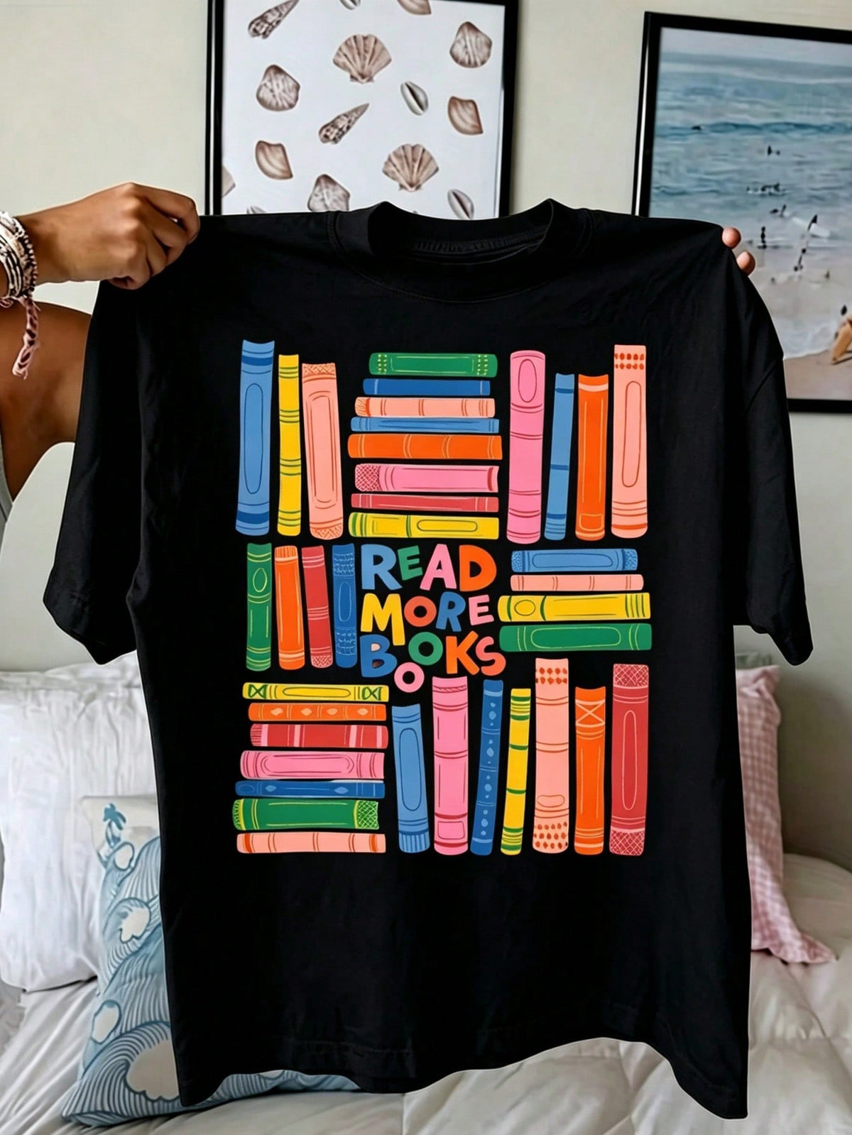 Book Lover T Shirt Women Colorful Stacked Books Graphic Tee Bookish Gift Top Cute Librarian Bookworm Tshirt
