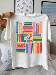 Book Lover T Shirt Women Colorful Stacked Books Graphic Tee Bookish Gift Top Cute Librarian Bookworm Tshirt