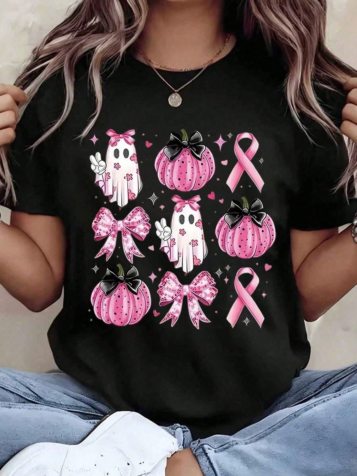 In October We Wear Pink Breast Cancer Awareness T-Shirt for Women, Pink Ghost Pumpkin Bow Fall Halloween Graphic Soft Cotton Relaxed Fit Casual Tee