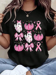In October We Wear Pink Breast Cancer Awareness T-Shirt for Women, Pink Ghost Pumpkin Bow Fall Halloween Graphic Soft Cotton Relaxed Fit Casual Tee