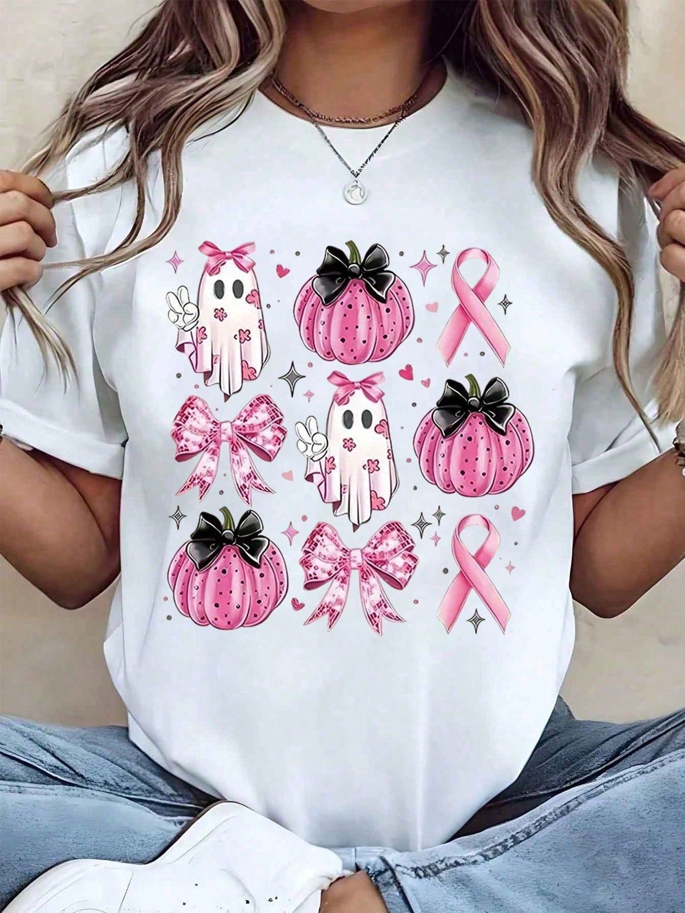 In October We Wear Pink Breast Cancer Awareness T-Shirt for Women, Pink Ghost Pumpkin Bow Fall Halloween Graphic Soft Cotton Relaxed Fit Casual Tee