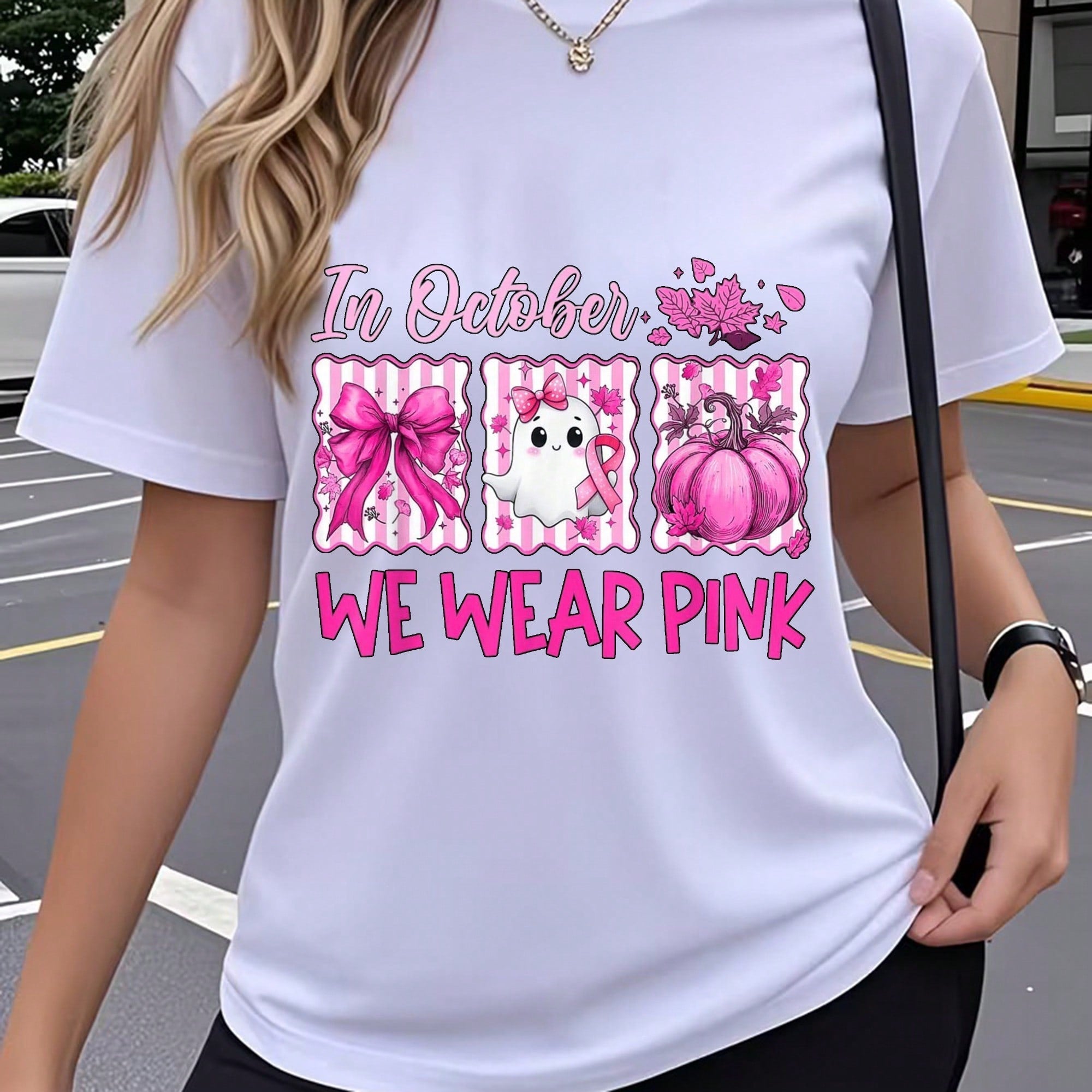 In October We Wear Pink Graphic T-Shirt for Women, Breast Cancer Awareness Halloween Tee, Pink Ribbon Ghost Pumpkin Graphic Shirt, Casual Crew Neck Short Sleeve Fall Support Top