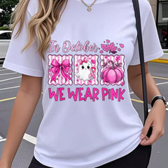 In October We Wear Pink Graphic T-Shirt for Women, Breast Cancer Awareness Halloween Tee, Pink Ribbon Ghost Pumpkin Graphic Shirt, Casual Crew Neck Short Sleeve Fall Support Top
