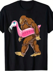 Pool Party Big Foot Flamingo Pattern T-Shirt, Men's Short Sleeve T-Shirt, Casual Round Neck TShirt Daily Wear Top