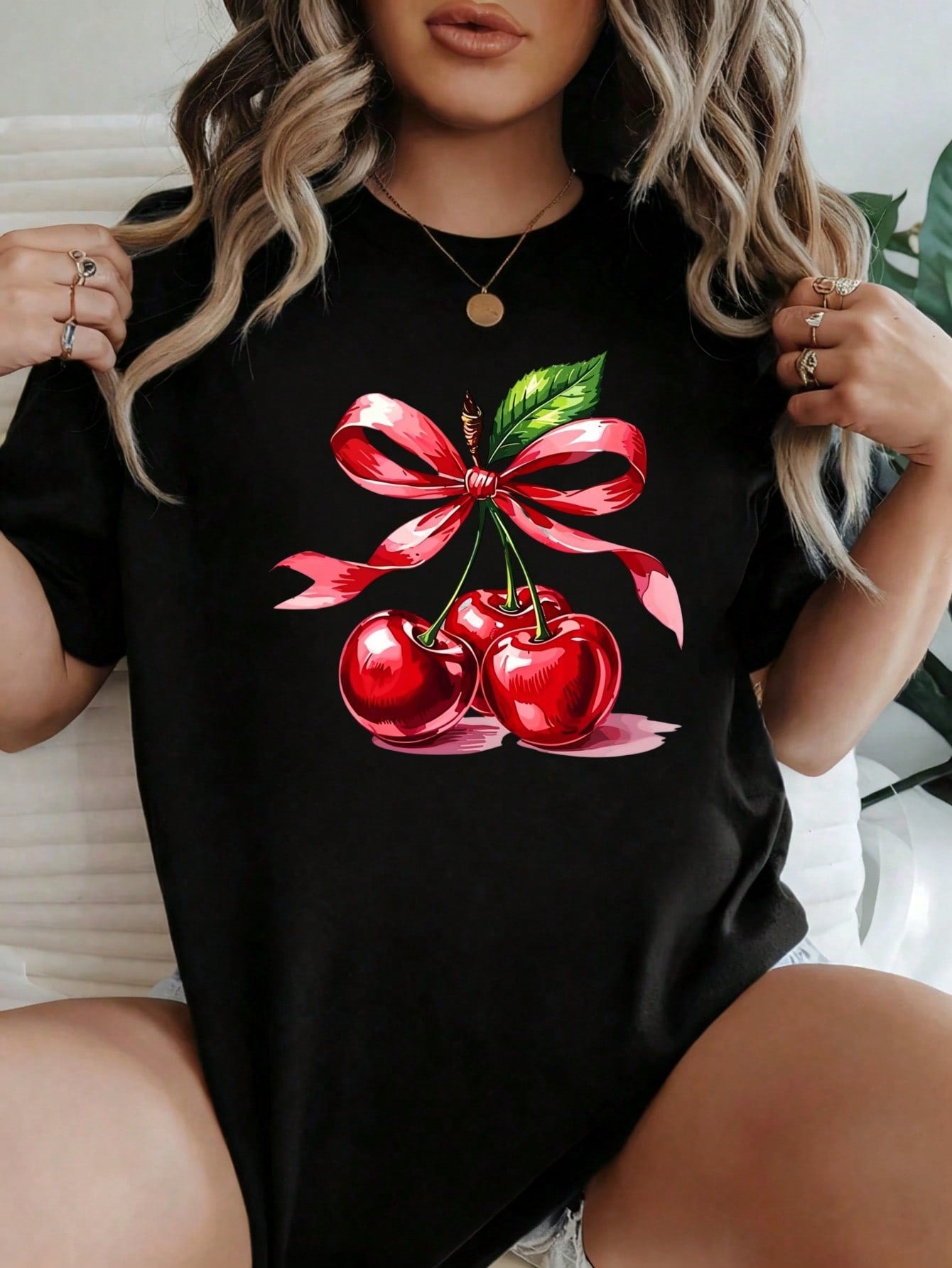 Women Round Neck T Shirt Cherry With Red Ribbon Print Short Sleeve Casual
