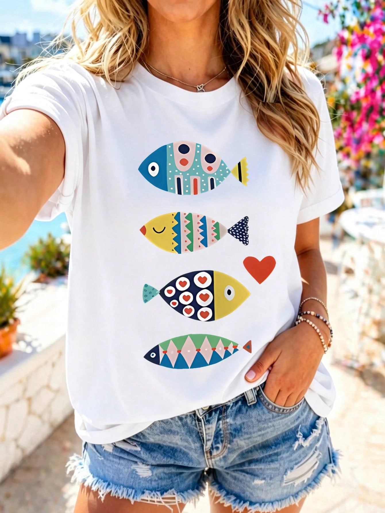 Women's Colorful Fish Graphic T-Shirt, Cute Coastal Ocean Print Crew Neck Short Sleeve Casual Summer Tee, Soft Lightweight Beach Vacation Top
