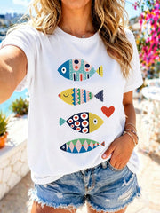 Women's Colorful Fish Graphic T-Shirt, Cute Coastal Ocean Print Crew Neck Short Sleeve Casual Summer Tee, Soft Lightweight Beach Vacation Top