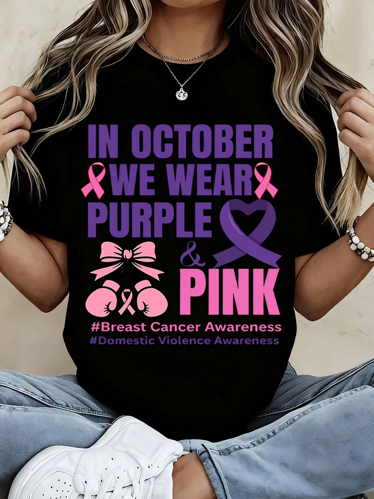 Women's Shirt October We Wear Purple And Pink Breast Cancer Domestic Violence Awareness Graphic Tee Casual