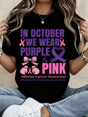 Women's Shirt October We Wear Purple And Pink Breast Cancer Domestic Violence Awareness Graphic Tee Casual