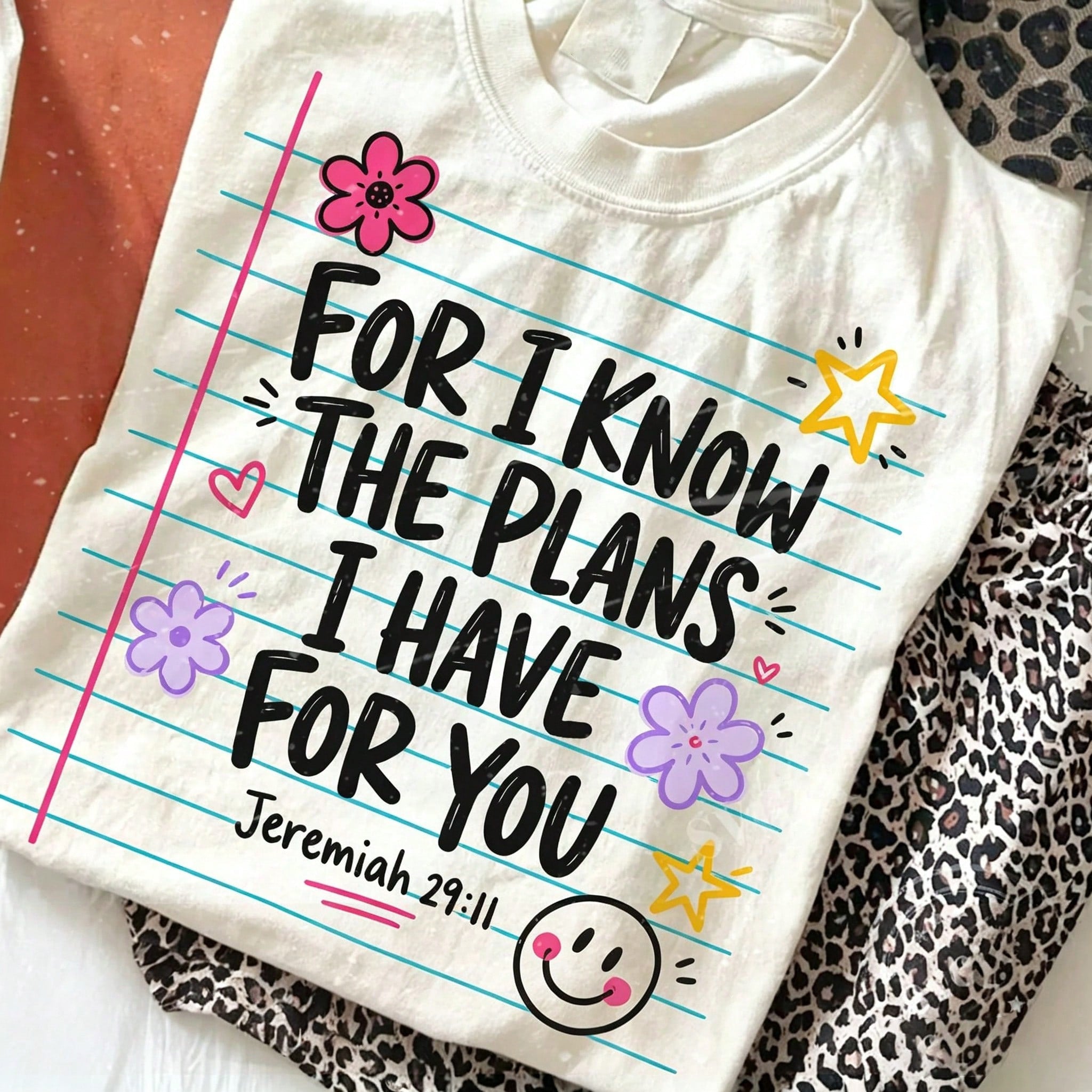 Christian Faith Jeremiah 29:11 Graphic T-Shirt for Women, Floral Smiley Notebook Print Soft Cotton Tee, Inspirational Religious Blessed Teacher Back To School Casual Top