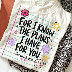 Christian Faith Jeremiah 29:11 Graphic T-Shirt for Women, Floral Smiley Notebook Print Soft Cotton Tee, Inspirational Religious Blessed Teacher Back To School Casual Top