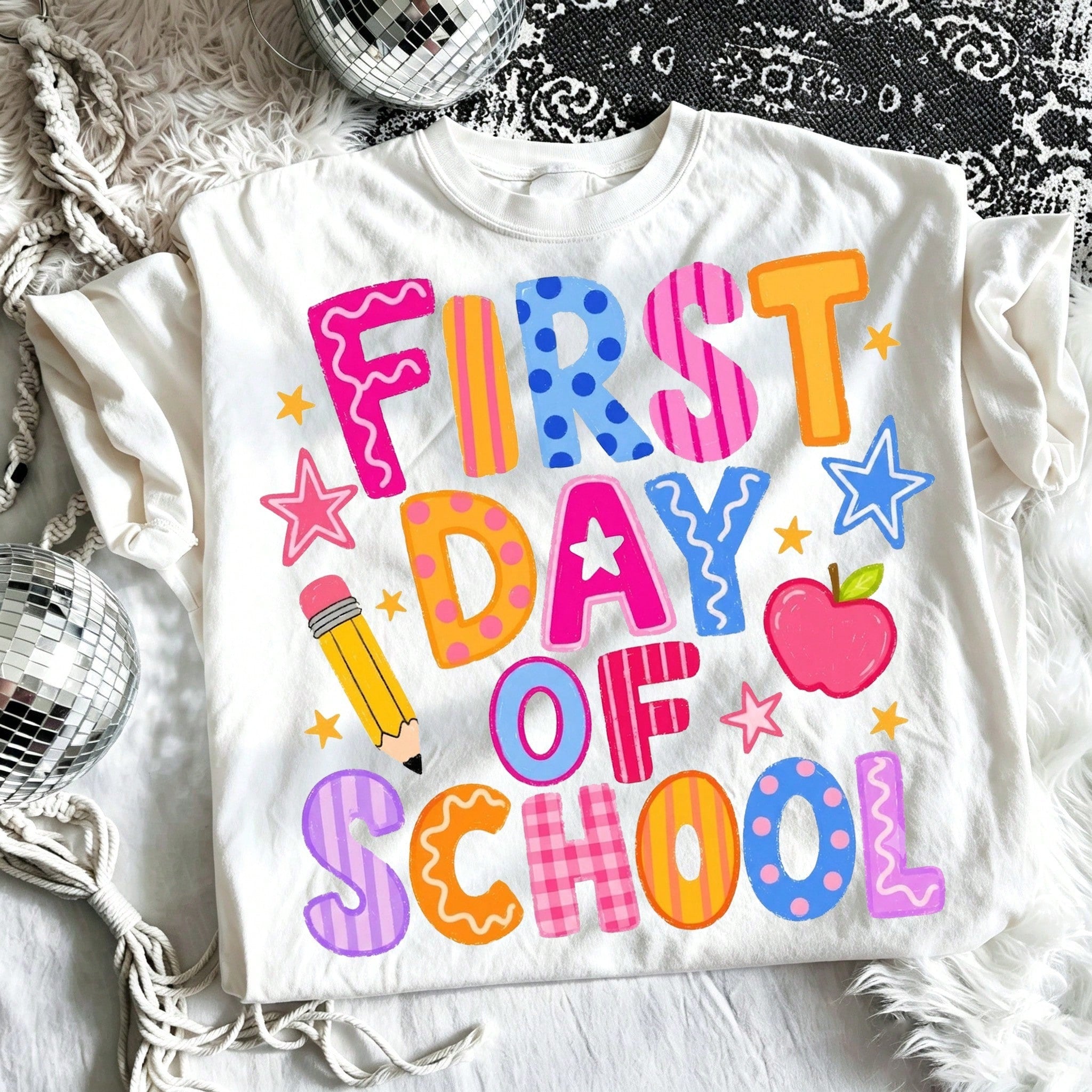 First Day of School Colorful Doodle Graphic T‑Shirt for Women, Back To School Casual Short Sleeve Teacher