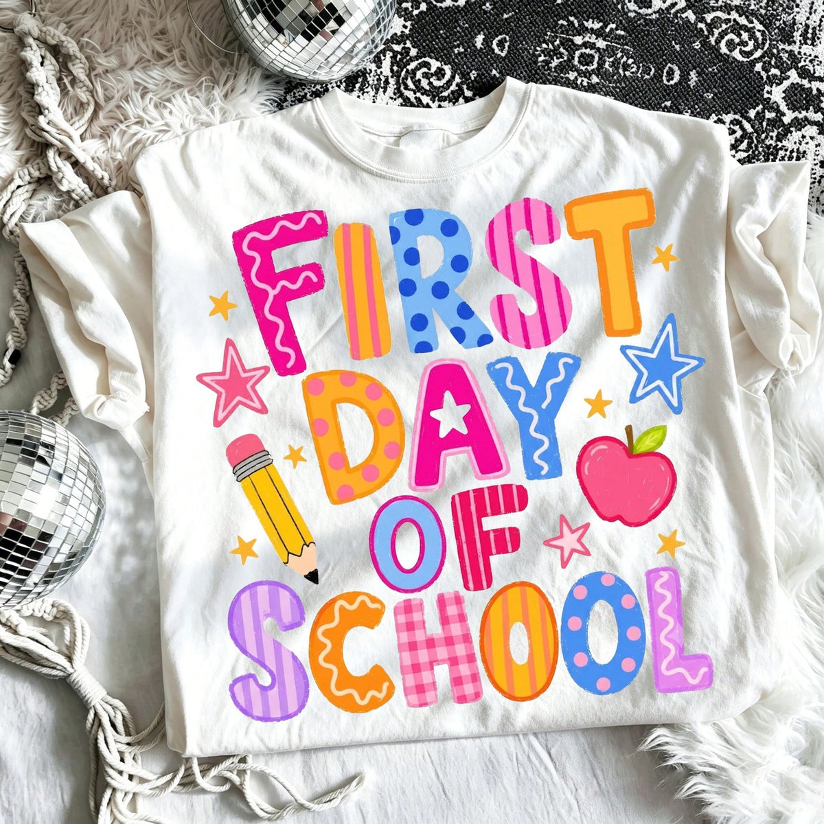 First Day of School Colorful Doodle Graphic T‑Shirt for Women, Back To School Casual Short Sleeve Teacher
