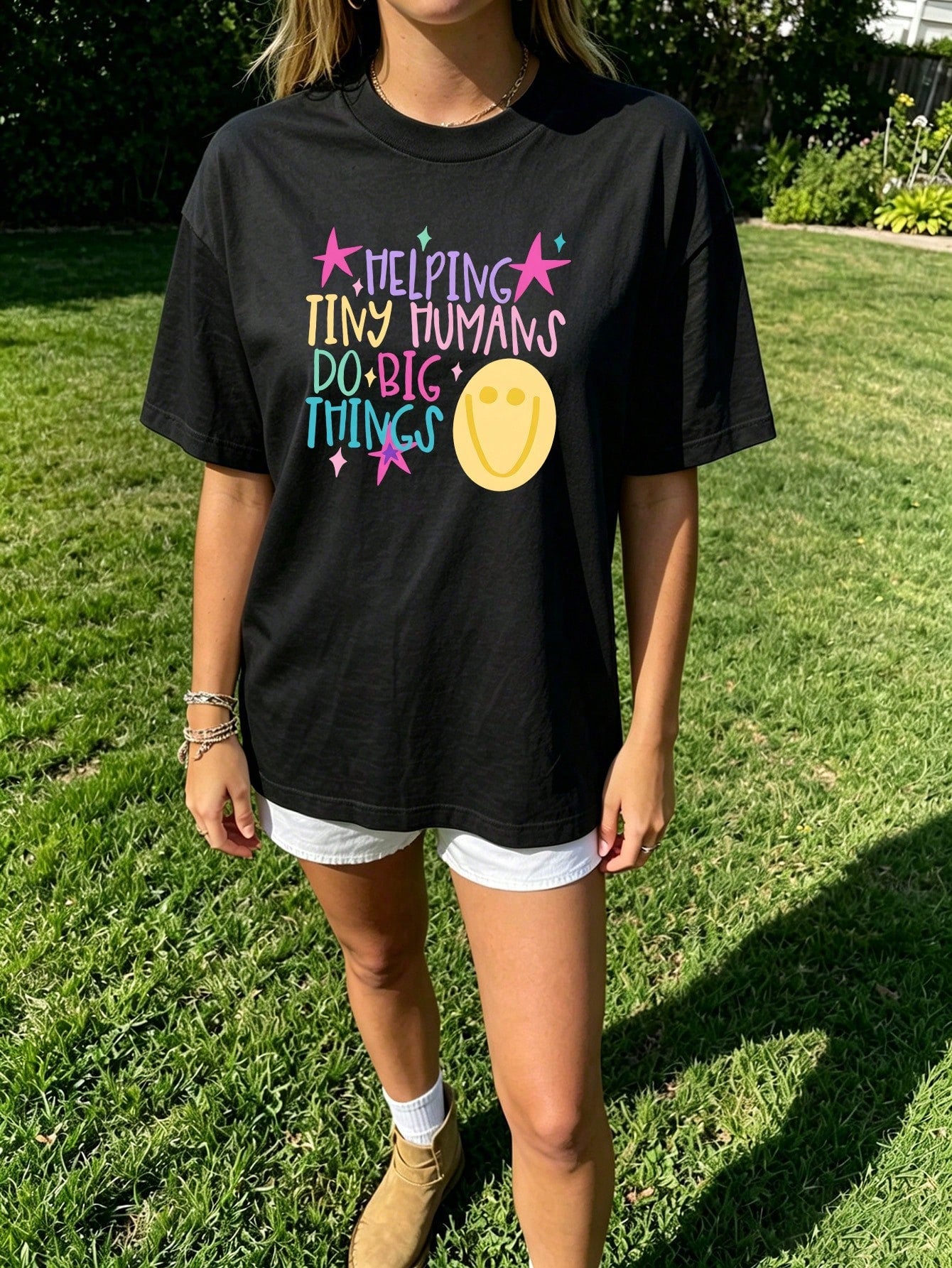 Helping Tiny Humans Do Big Things Graphic T‑Shirt for Women, Colorful Star Smile Face Casual Crewneck Tee, Daycare Teacher Gift Top
