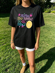 Helping Tiny Humans Do Big Things Graphic T‑Shirt for Women, Colorful Star Smile Face Casual Crewneck Tee, Daycare Teacher Gift Top