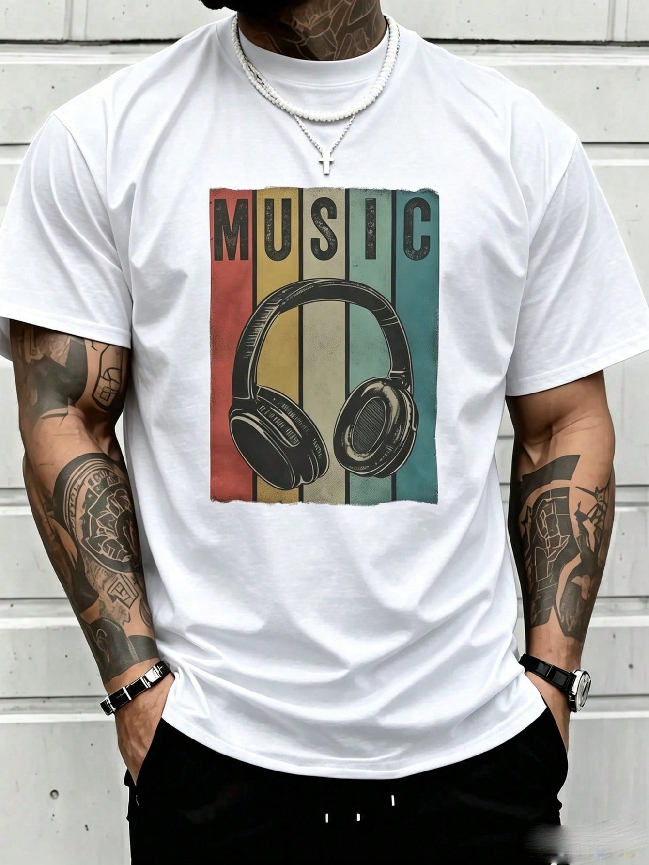 Mens Clothes Retro Headphone Music Print Black TShirt, Unisex Casual Crew Neck Tshirt