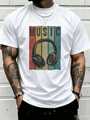 Mens Clothes Retro Headphone Music Print Black TShirt, Unisex Casual Crew Neck Tshirt