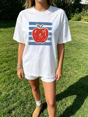 Vintage Sketch Red Apple Stripe Graphic Tee Women Casual