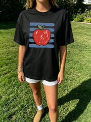 Vintage Sketch Red Apple Stripe Graphic Tee Women Casual