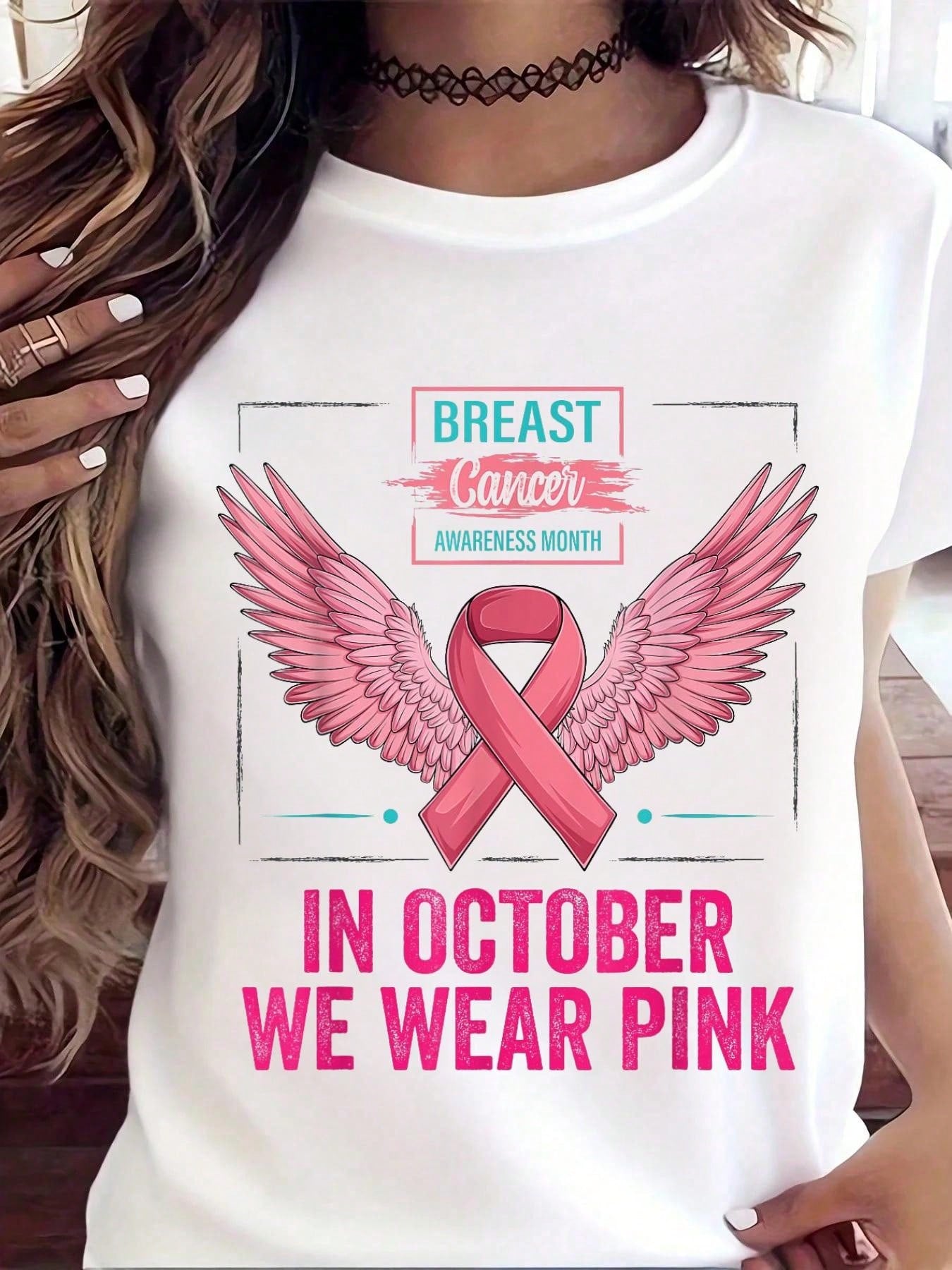 In October We Wear Pink Wings Breast Cancer Awareness T-Shirt Graphic Tee 100% Cotton Soft And Comfortable Perfect For Daily Casual Wear