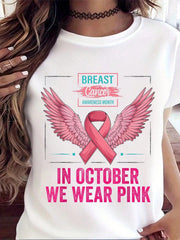 In October We Wear Pink Wings Breast Cancer Awareness T-Shirt Graphic Tee 100% Cotton Soft And Comfortable Perfect For Daily Casual Wear