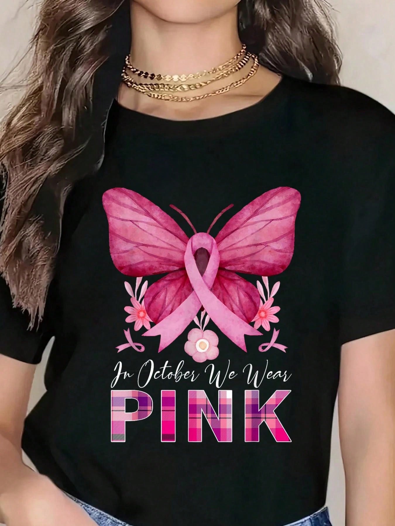 In October We Wear Pink Butterfly Breast Cancer Awareness T-Shirt Graphic Tee 100% Cotton Soft And Comfortable Perfect For Daily Casual Wear