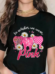 In October We Wear Pink Tooth Dental Butterfly Breast Cancer T-Shirt Graphic Tee 100% Cotton Soft And Comfortable Perfect For Daily Casual Wear