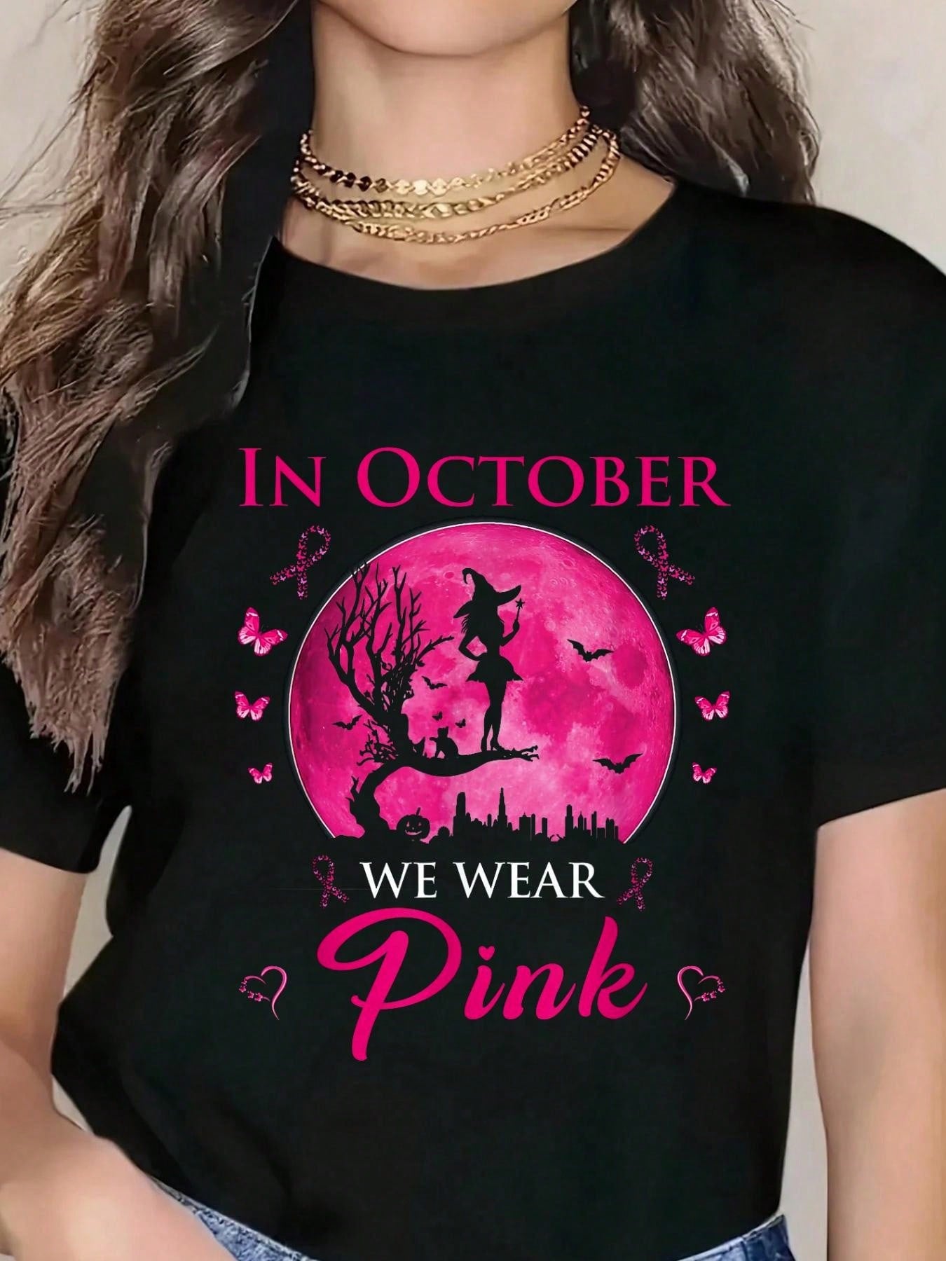 In October We Wear Pink Halloween Witch Breast Cancer T-Shirt Graphic Tee 100% Cotton Soft And Comfortable Perfect For Daily Casual Wear