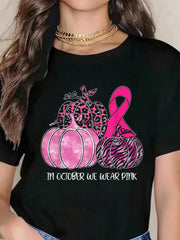 In October We Wear Pink Ribbon Pumpkin Breast Cancer T-Shirt Graphic Tee 100% Cotton Soft And Comfortable Perfect For Daily Casual Wear