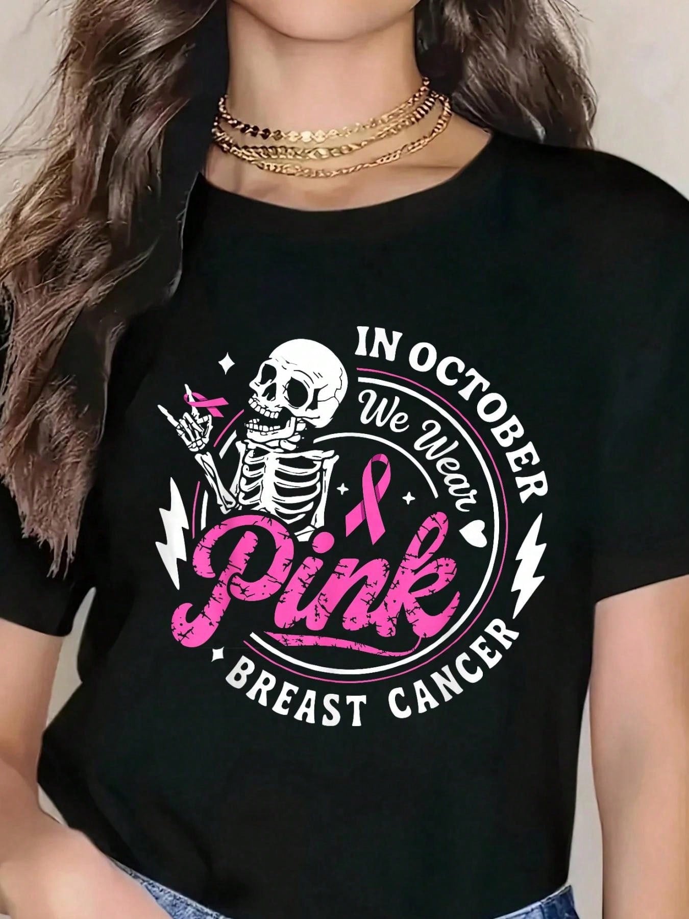 In October We Wear Pink Skeleton Breast Cancer Awareness T-Shirt Graphic Tee 100% Cotton Soft And Comfortable Perfect For Daily Casual Wear
