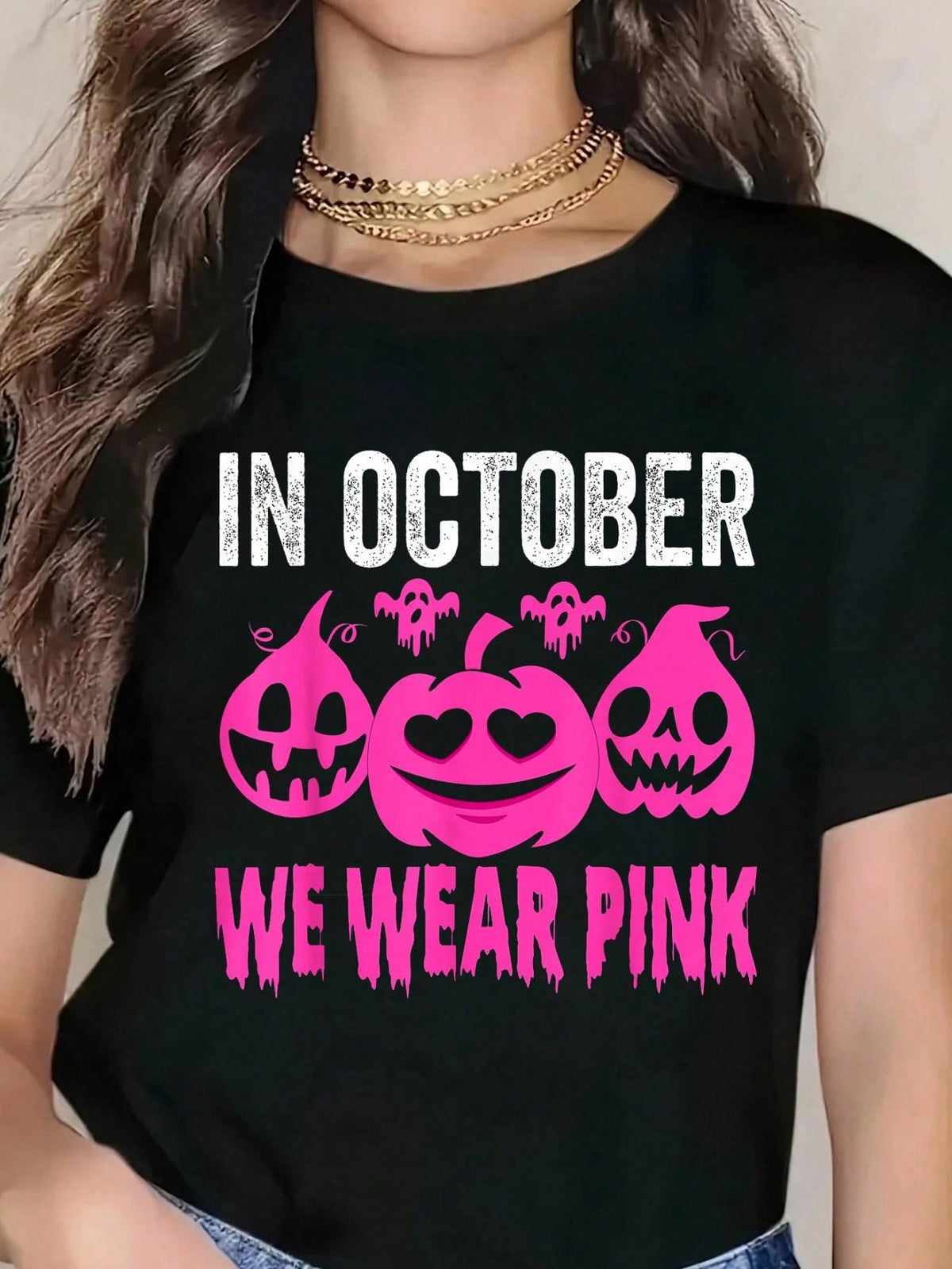 In October We Wear Pink Breast Cancer Pumpkin Halloween T-Shirt Graphic Tee 100% Cotton Soft And Comfortable Perfect For Daily Casual Wear