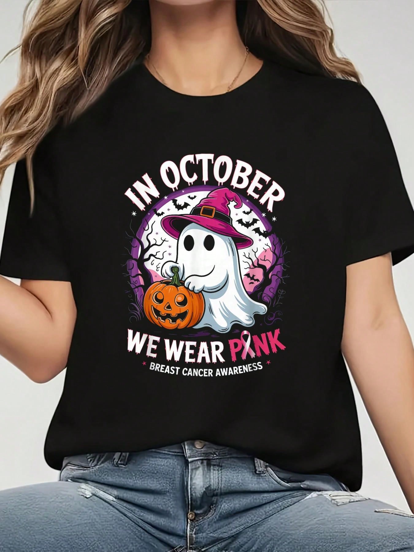 In October We Wear Pink Shirt Ghost Breast Cancer Awareness T-Shirt Graphic Tee 100% Cotton Soft And Comfortable Perfect For Daily Casual Wear