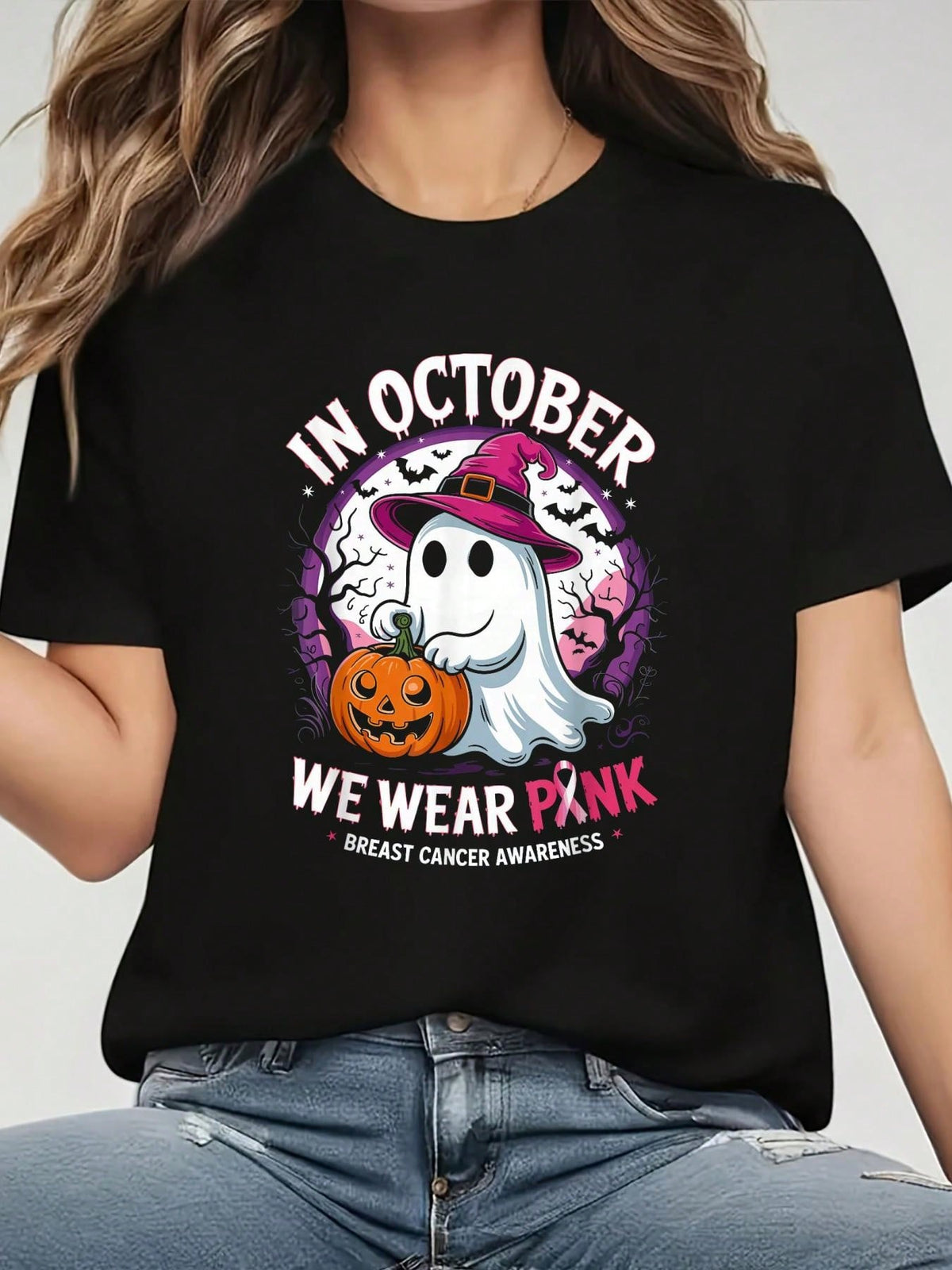 In October We Wear Pink Shirt Ghost Breast Cancer Awareness T-Shirt Graphic Tee 100% Cotton Soft And Comfortable Perfect For Daily Casual Wear
