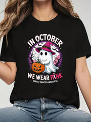 In October We Wear Pink Shirt Ghost Breast Cancer Awareness T-Shirt Graphic Tee 100% Cotton Soft And Comfortable Perfect For Daily Casual Wear