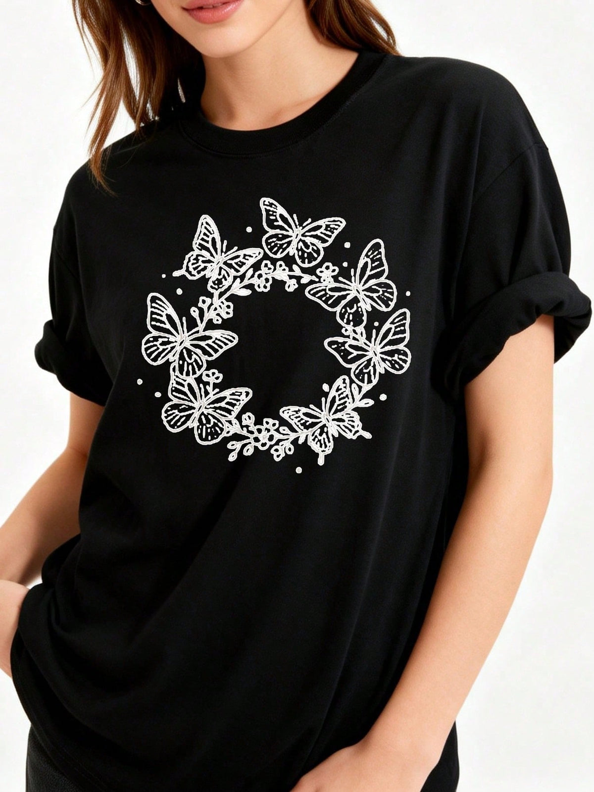 TShirt Casual Fashion Women'S Crew Neck T-Shirt Butterfly Floral Design