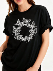 TShirt Casual Fashion Women'S Crew Neck T-Shirt Butterfly Floral Design