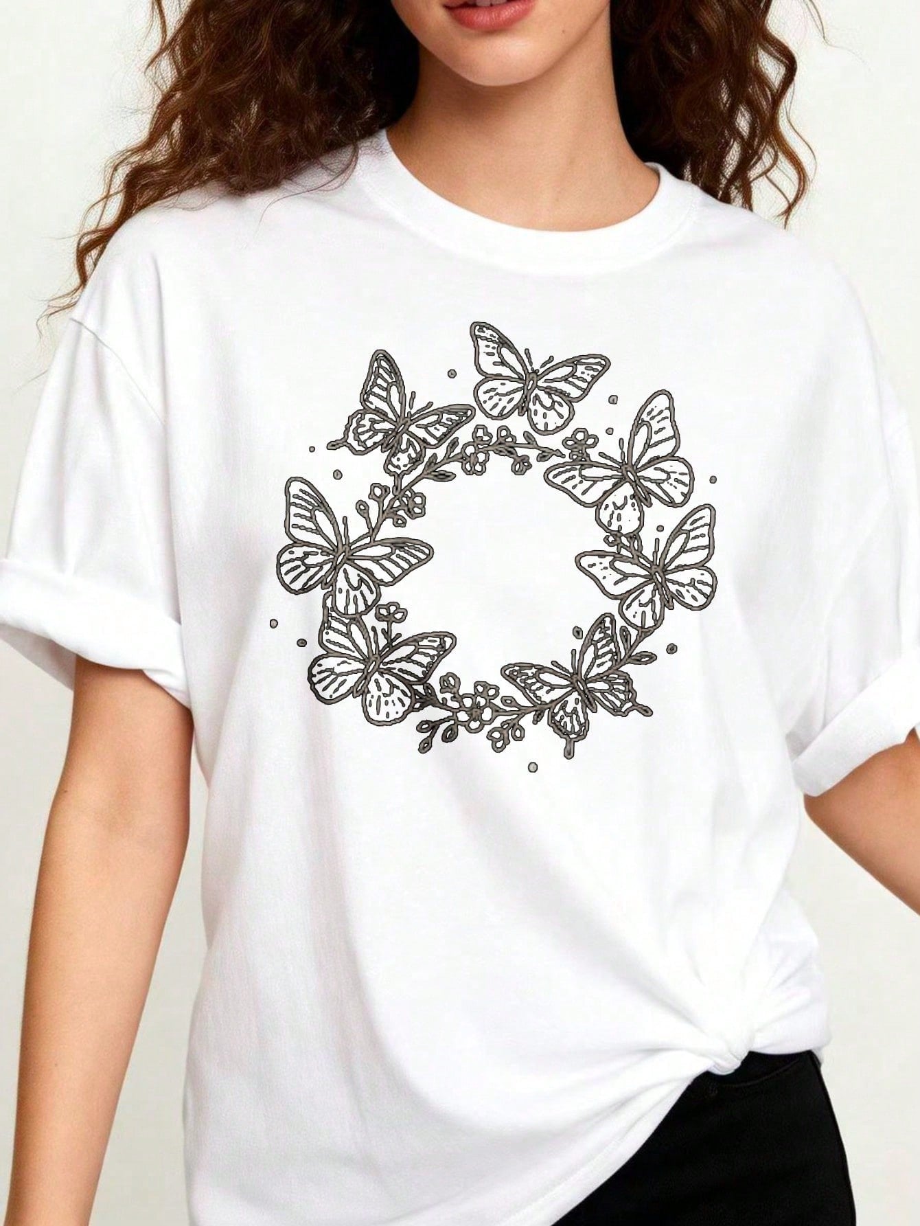 TShirt Casual Fashion Women'S Crew Neck T-Shirt Butterfly Floral Design