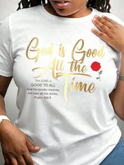 Women's Christian Graphic T-Shirt, God Is Good All the Time Psalm 145:9 Faith Print Crew Neck Short Sleeve Casual Tee, Religious Inspirational Shirt