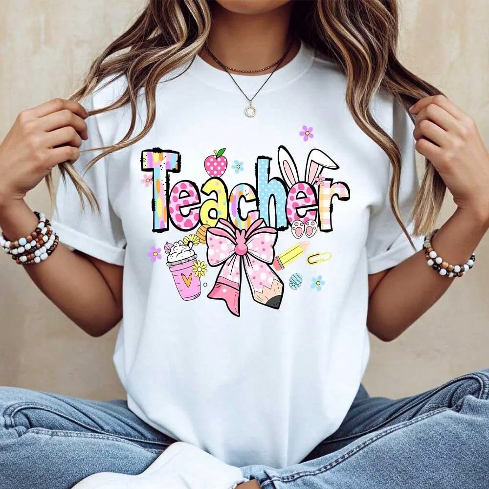 Teacher Print And Floral Design With Bow And Accessories White Short Sleeve T Shirt For Women Casual Wear School Teaching Outfit Women Back To Sc