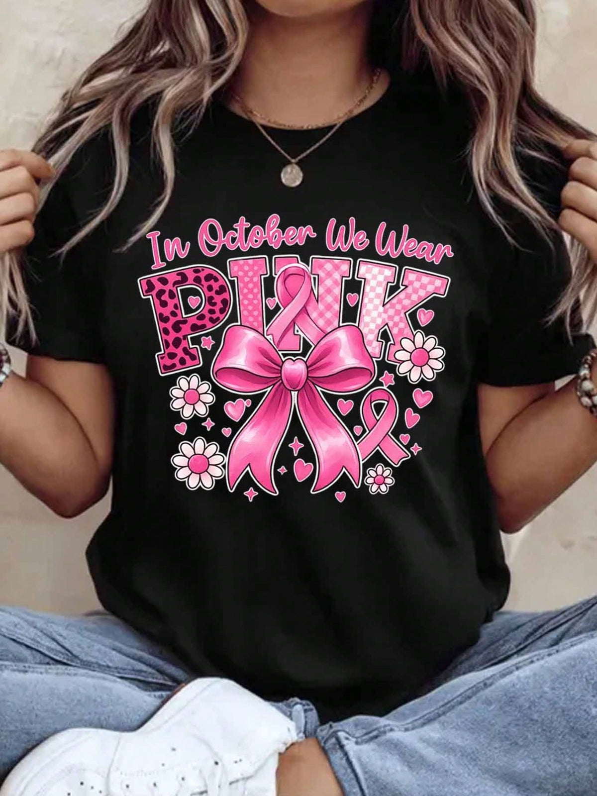 In October We Wear Pink Shirt Women Breast Cancer Awareness Graphic Tee Casual Short Sleeve Top Fall Fashion Gift